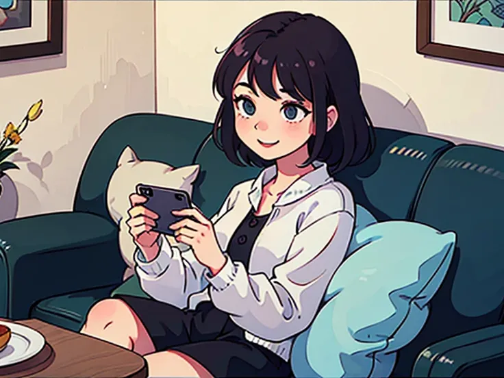 A confident, happy young woman holding her smartphone with a satisfied smile, sitting comfortably at home. She is surrounded by a relaxed environment, like a couch, a cat, and warm lighting, suggesting financial freedom and work-life balance