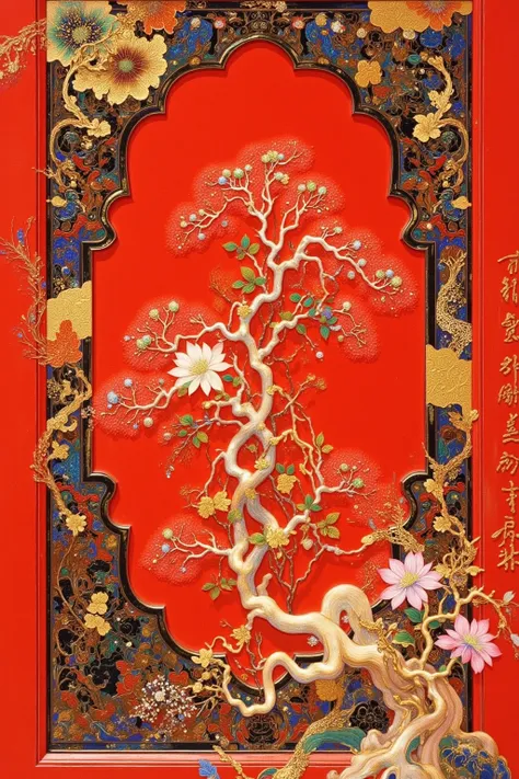 There is a picture of a red door with a red frame,  Oriental Wallpaper , Chinese style pattern, Inspired by Yun Shouping, with ancient Chinese aesthetics,  Chinese Style, Chinese style wallpaper ,  Oriental Art Nouveau , Chinese Palace,  traditional Chines...