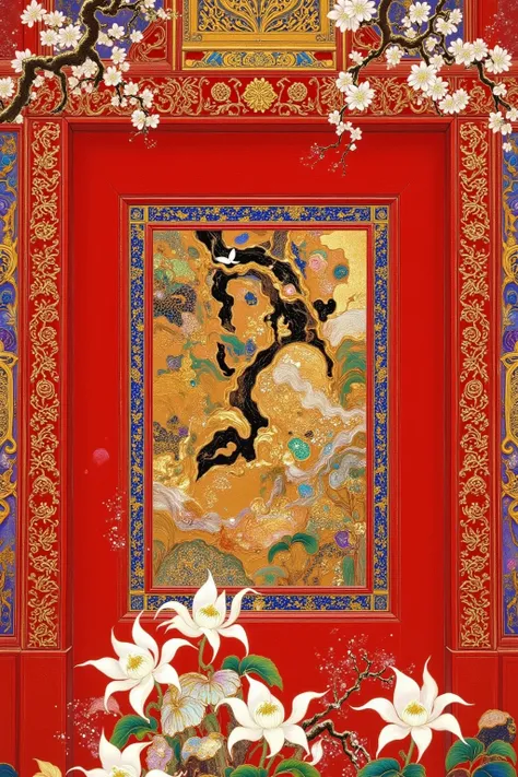 There is a picture of a red door with a red frame,  Oriental Wallpaper , Chinese style pattern, Inspired by Yun Shouping, with ancient Chinese aesthetics,  Chinese Style, Chinese style wallpaper ,  Oriental Art Nouveau , Chinese Palace,  traditional Chines...