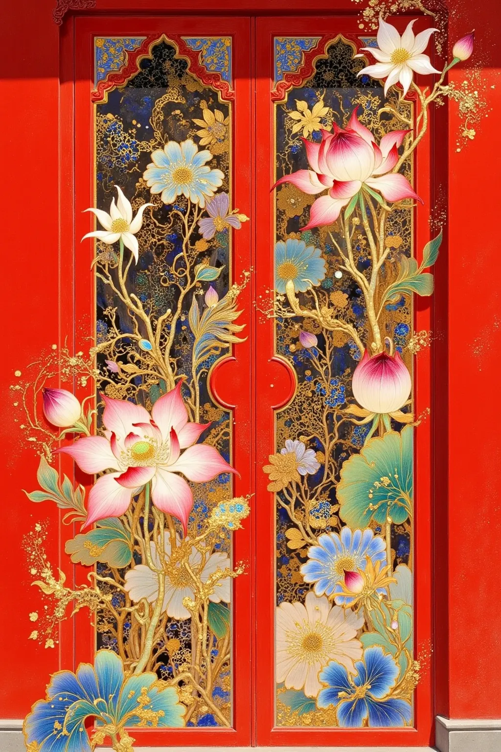 There is a picture of a red door with a red frame,  Oriental Wallpaper , Chinese style pattern, Inspired by Yun Shouping, with ancient Chinese aesthetics,  Chinese Style, Chinese style wallpaper ,  Oriental Art Nouveau , Chinese Palace,  traditional Chines...