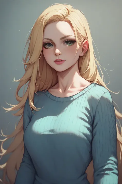 The woman has a blonde hair. It is very long. It has shaggy and spikey bangs. She has striking green eyes. She is wearing a modest sweater.