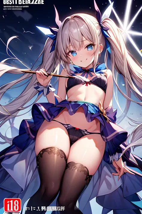 (from below:1.2), ((best quality:1.5)), (ultra-detailed:1.5), (cinematic lighting, cinematic posing), (masterpiece), (best quality), detailed,1 girl, soro, twintails, long wavy hair twintails.hairs between eyes,blue eyes ,silverblonde hair, (qute magical g...