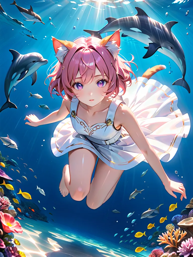 (full body:1.3), (highly detailed beautiful face and eyes:1.4), Shining Eyes, glowing eyes, beautiful face, perfect face, 
1 cat girl, (pink bob hair), (cat ears), (violet eyes), attractive face, dynamic pose, white dress, 
swimming underwater, dolphin, lo...