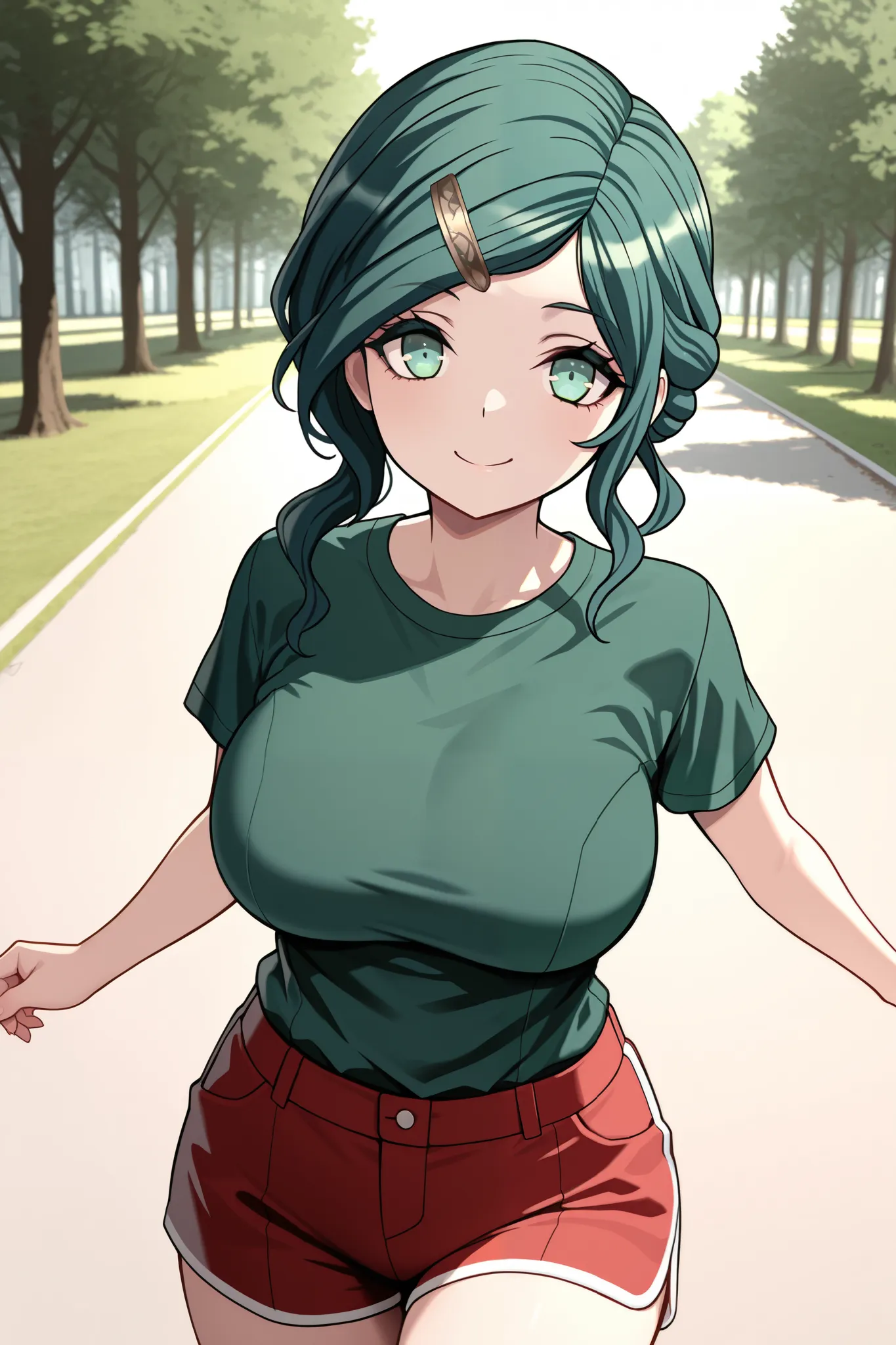 Masterpiece, best quality, rceacher, green hair, single hair bun, long hair, green eyes, hairclip, large breasts, green t-shirt, red shorts, running in the park cowboy shot, outdoors, looking at viewer, smiling