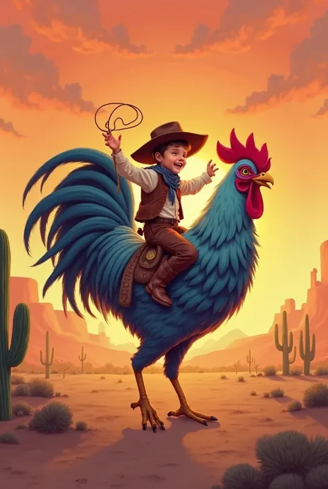 A young  dressed as a cowboy rides a towering, deep blue and purple-feathered rooster across a vast desert landscape. Cacti dot the sandy terrain, and a few tumbleweeds roll in the distance under a brilliant orange sunset. The , wearing a brown vest and ch...