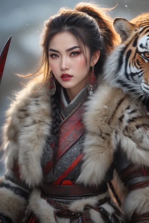 (best quality,4K,8k,high resolution,masterpiece:1.2),Very detailed,(Actual,photoActual,photo-Actual:1.37),Thick fur winter coat,Creative fusion of traditional Chinese design patterns and contemporary elements, High Ponytail，There is blood on the face，Red p...