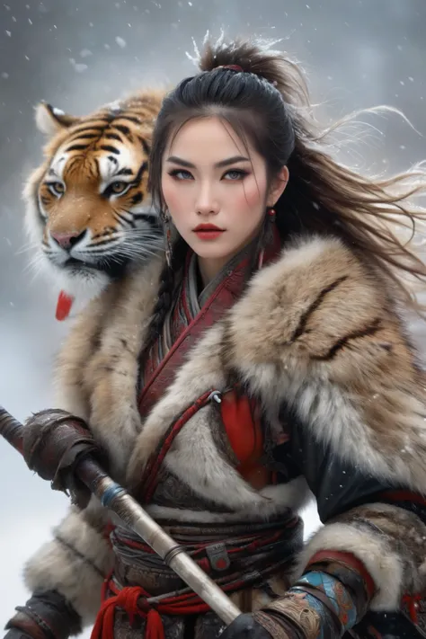 (best quality,4K,8k,high resolution,masterpiece:1.2),Very detailed,(Actual,photoActual,photo-Actual:1.37),Thick fur winter coat,Creative fusion of traditional Chinese design patterns and contemporary elements, High Ponytail,There is blood on the face,Red p...