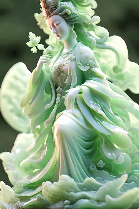 jade Sculptureï¼jade, realisticï¼ guan yin, hair ornament, close up short,  pure white skin, cinematic light, 