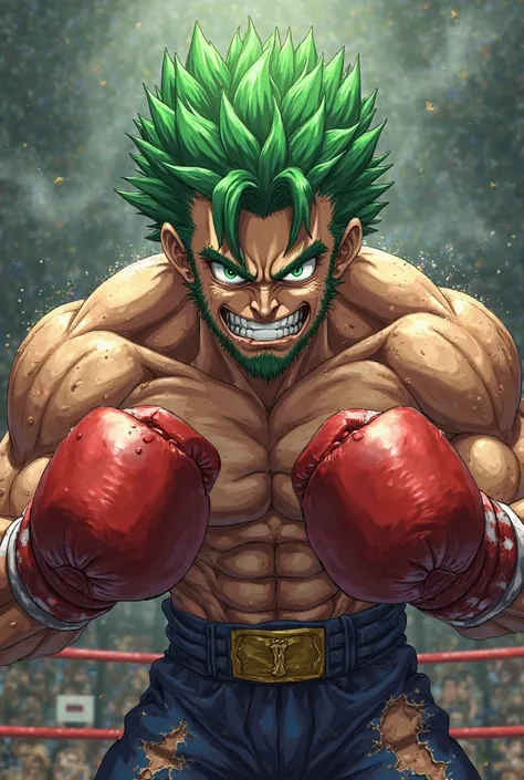 Green-haired Boxer, anime style, bully,  evil smile . 