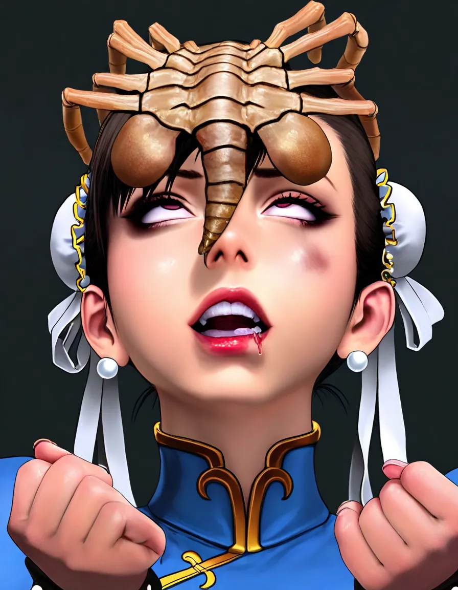 Masterpiece, high-res, 2k, best quality, realistic, 2d, Chun li, facehugger on face, rolling eyes, terror (theme)