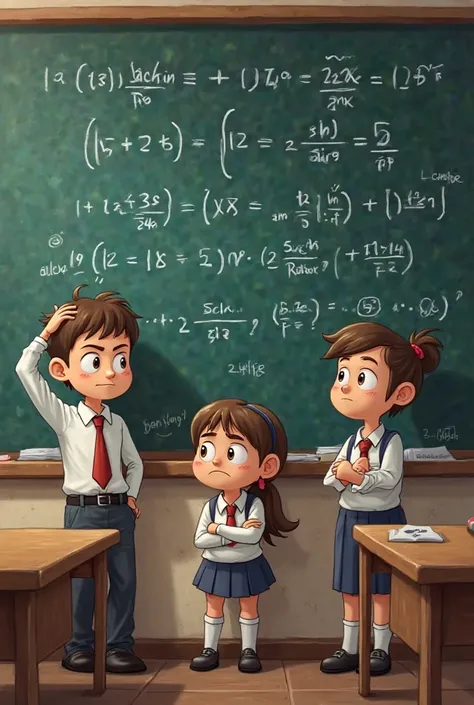 Panel 1:
 * Setting: Classroom, chalkboard with a full of complex equation. Alex is scratching his head, Maya looks puzzled, and Ben stares thoughtfully at the board. make them wearing uniform and cartoon style
 