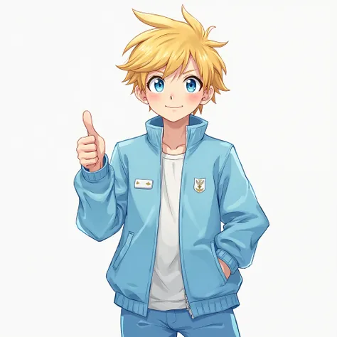  male,smiles,  Gold, blue eyes,  character profile,  anime style, solo,  full body,Blue clothes,thumbs up pose