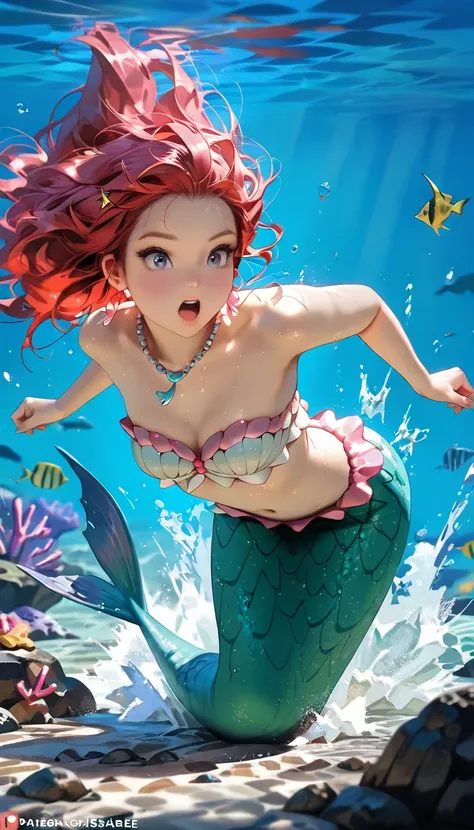 masterpiece, (highest quality, create a high resolution,4K, 8k),(realistic, photorealistic:1.5),((Little mermaid jumps off the rock into the sea)),break Dive head first, splash, surprised fishes, colorful coral reef