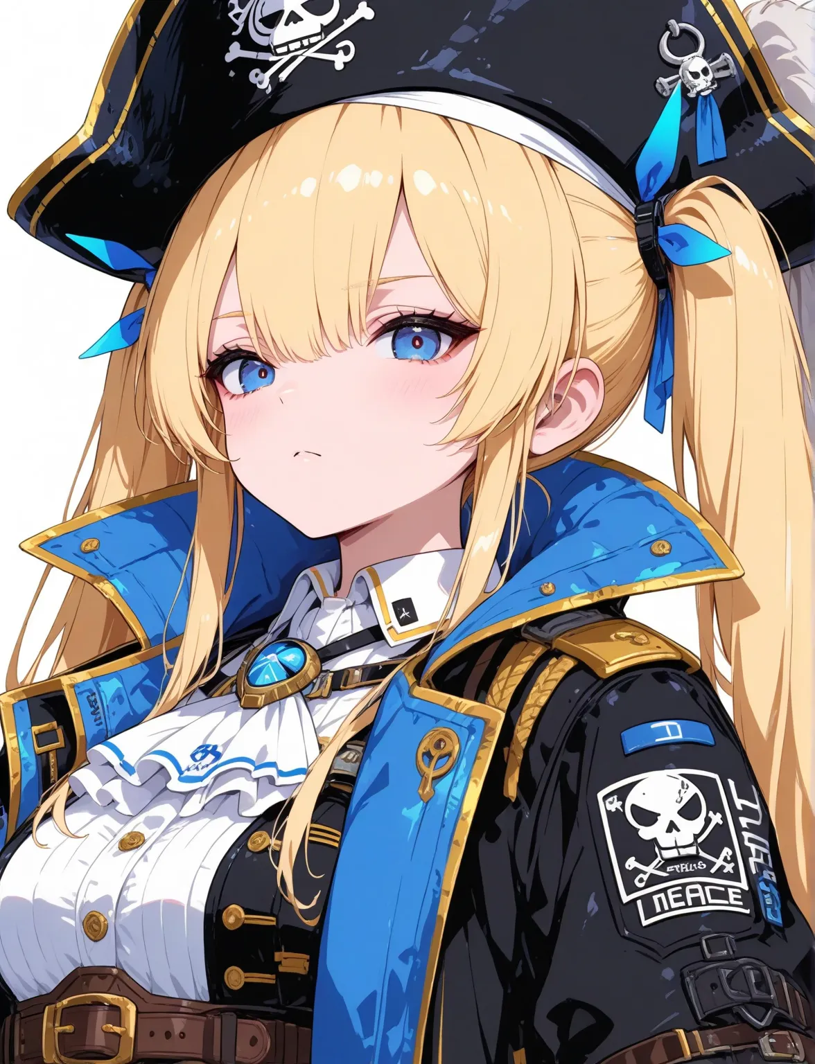 laplace _nikke, blonde hair, twintails, long hair, blue eyes, 
pirate hat, pirate,