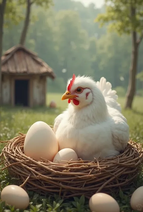 The fantasy image depicts a white hen sitting in a nest with a large egg, with several other eggs visible in the foreground. The hen is positioned centrally in the nest, which is made of twigs and straw, and appears to be incubating the egg. The setting is...