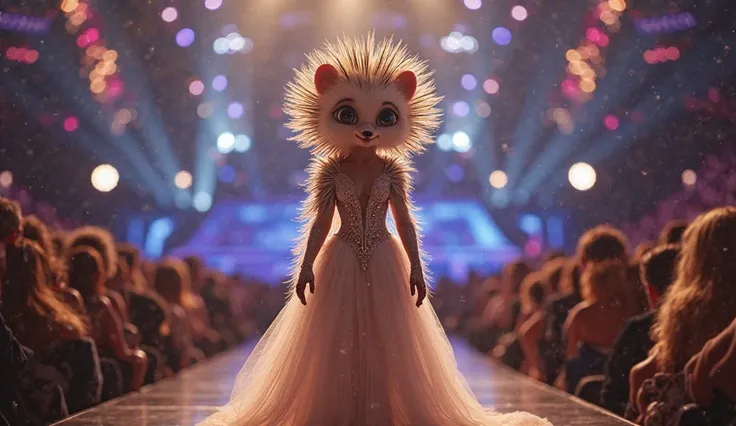 "A stunning hybrid creature combining a graceful young woman and a hedgehog, standing confidently on a grand talent show stage with bright lights and an audience in awe. The creature has the elegant form of a human but with soft hedgehog quills along her b...