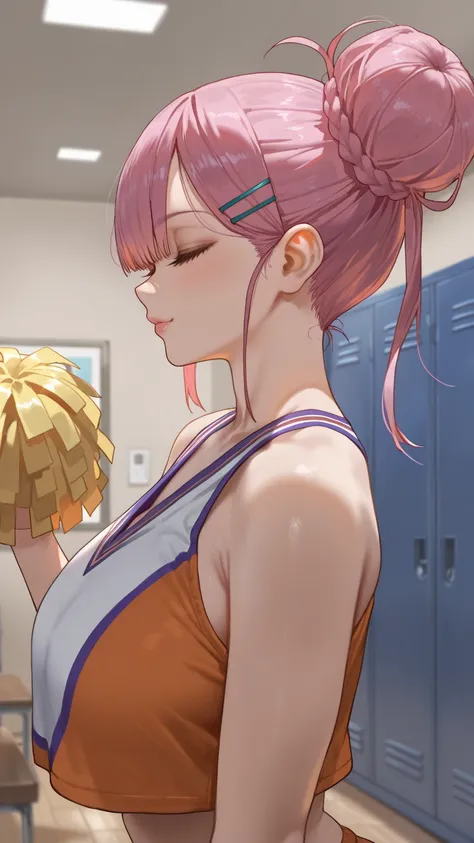 female, cute, school girl, sexy, inside, night, cheerleader, locker room, head tilt, bangs over eyes, massive , pleased, hair in a bun, hair pins, ultra wide hips, massive , close up, zoomed in, side profile,half way through removing top