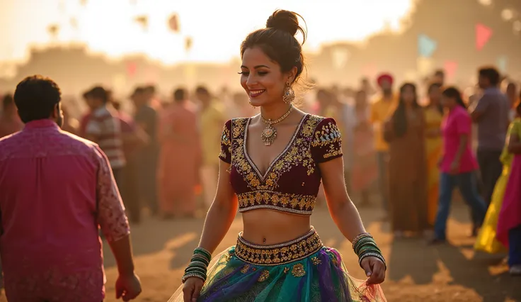 Amidst the vibrant chaos of a traditional Punjabi festival, under the gentle caress of the afternoon sun, a woman moves with elegance, dressed in a chaniya choli that speaks volumes of her cultural pride. Her choli, a deep maroon, boasts a plunging necklin...