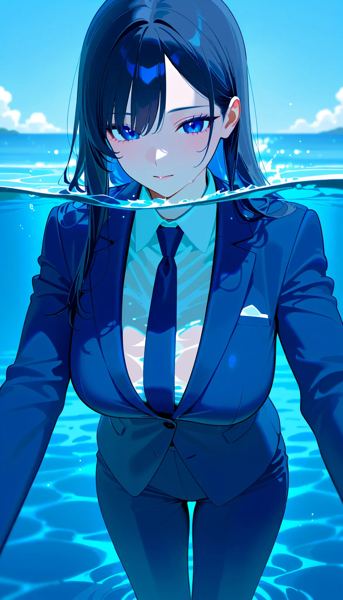  long hair, woman,  suit, slender, Age 25, Big Tits Japanese, (((Diving into the Water)))