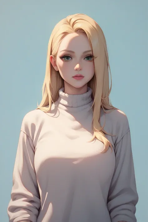 The woman has a blonde hair. It is very long. It has three shaggy bangs. The bangs cover her forehead. She has striking green eyes. She is wearing a modest sweater.