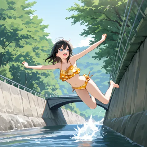 Several ren jumping into the river from a bridge, having fun, summer vacation,swim ware,