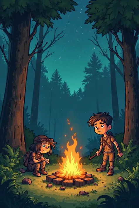 Cartoon, green forest, bonfire, survivor, DayZ, night