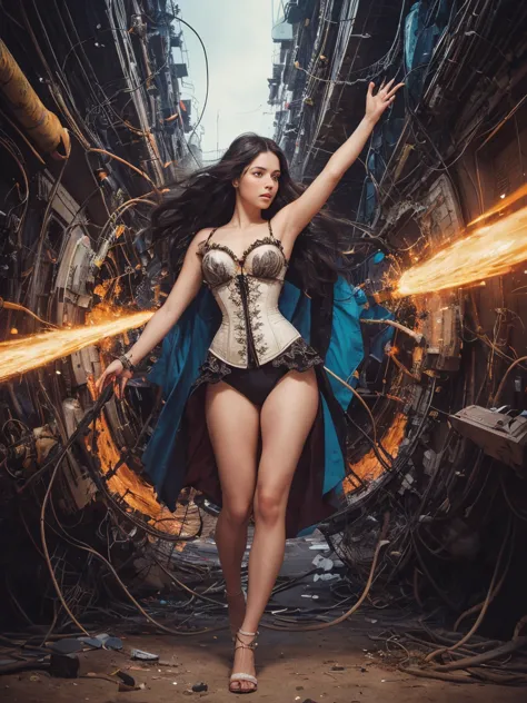 Abstract expressionist Photography one Indian woman,  white tigh high,  corset, abstract beauty, centered, (looking at camera), near perfection, dynamic, moonlight, highly detailed, artstation, concept art, smooth, sharp focus, art by Carne Griffiths and W...