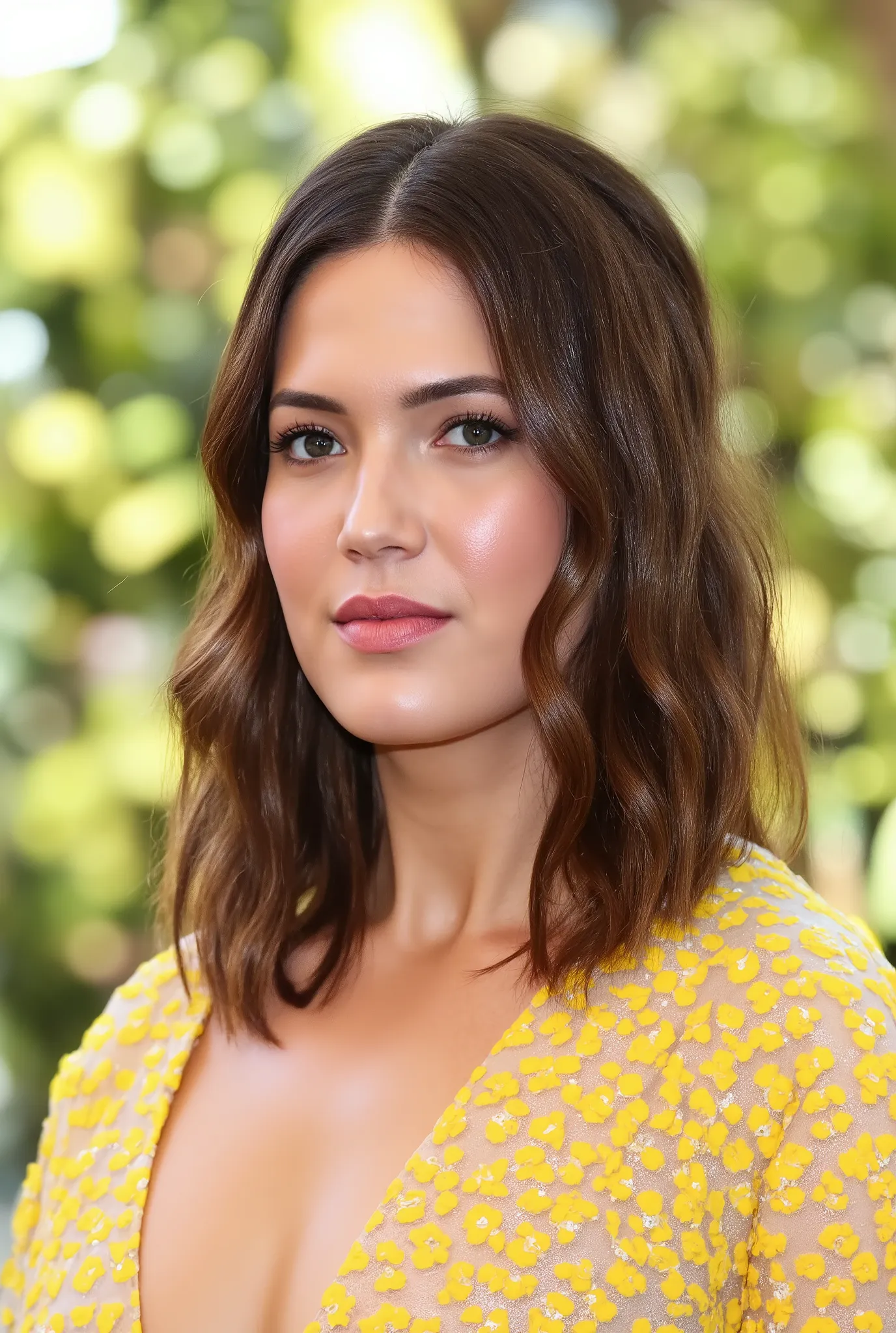 best quality, highres, 8k, masterpiece, photography, detailed midbody photorealistic portrait. Mandy Moore modelling a yellow halter corset for Vanity Fair photoshoot, styled braless to showcase her toned midsection. The corset features a plunging neckline...