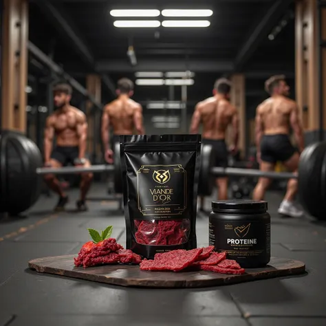 A luxurious black package of beef jerky meat, with the brand name « VIANDE D’OR », placed on the ground in a luxurious fitness gym hall, with 5 male black fitness influencers working out and bench pressing. Beside the packet of « VIANDE D’OR », a protein c...