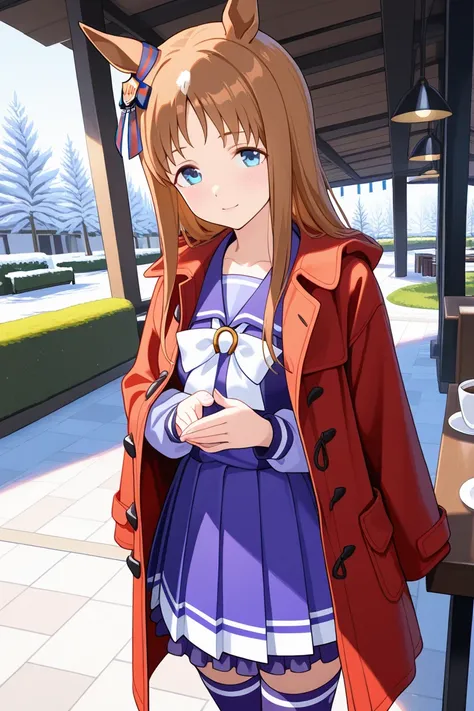 masterpiece, 16-year-old girl standing,grass wonder \(umamusume\),cafe,girl under,outdoor canopy red duffle coat ,duffle coat over her trecen school uniform,light smile,  rubbing her hands together,winter chill.1girl ,Tresen Academy winter uniform, （tracen...