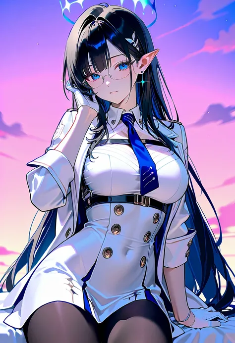  female 1、Nanagami Rin 、 blue eyes、 long, slender eyes、 black hair、ingrown hair coloring、very long hair、 pointed ears、Halo、glasses、earrings、Wear a white coat on top、 collared dress、white dress、White、 Long Sleeve、Wristband、white gloves、blue tie、 white belt、...