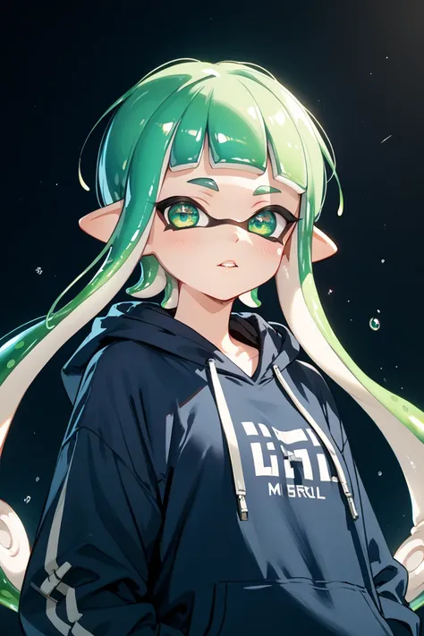  Splatoon　inkling girl with long long light green hair　I'm wearing a black and blue hoodie　green eye