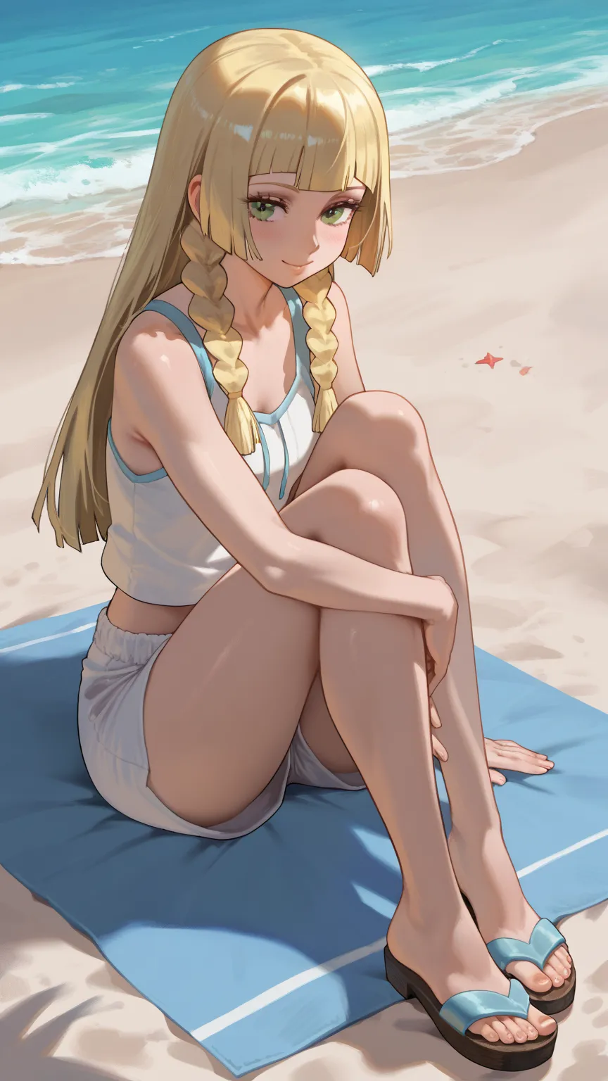 Solo, Lillie pokemon, blonde, braided sidelocks, standing, wearing tank  top, white shorts, barefoot, sandals, sitting, on a beach towel, at a beach, seductive, masterpiece,best quality,amazing quality,very aesthetic,absurdres,newest, 