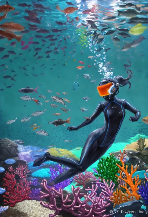 (((best quality))),(((ultra detailed))),(((masterpiece))),illustration, beautiful girl, diver, sleek wetsuit, graceful posture, mystery face, light-reflecting visor, delicate movement, glowing underwater equipment, school of small fish, swaying seaweed, co...