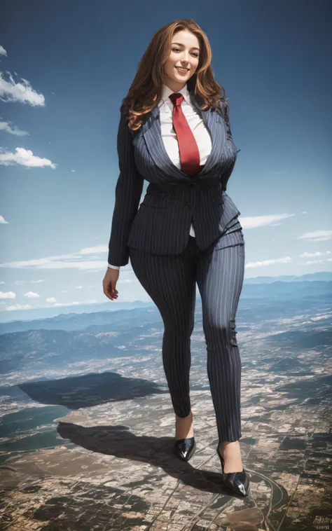 100 km tall giga giantic, curvy young lady with a beautiful smile, bigger than a giant city, curvaceous figure, massive beast, and very very long ginger hair, with a curvaceous figure and massive natural breasts. wearing a tailored italian light grey pinst...