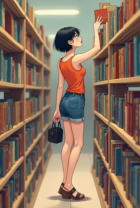  155 cm tall woman ,  thin  .  white skin,   short hair and color black  ,   thin red lips ,  big brown eyes ,   small ears  ,  small breasts.  In a bookstore trying to reach a book that is on high. She wears an orange tank top, a blue shorts and sandals. ...