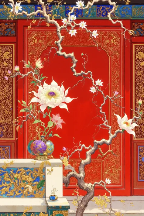 There is a picture of a red window with a red frame,  Oriental Wallpaper , Chinese style pattern, Inspired by Yun Shouping, with ancient Chinese aesthetics,  Chinese Style, Chinese style wallpaper ,  Oriental Art Nouveau , Chinese Palace,  traditional Chin...