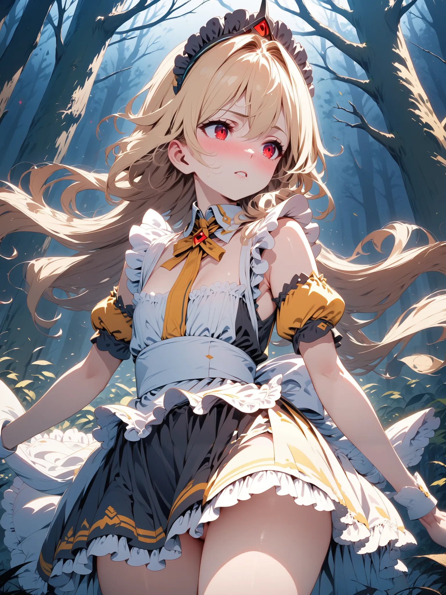 sleeveless maid, blond hair flutters in the wind, Red Eyed Girl, Alone, The background is in the dense forest at night,  alert , miniskirt,  knee shot, corruption,  Shade, Maid Head Accessory, NSFW,