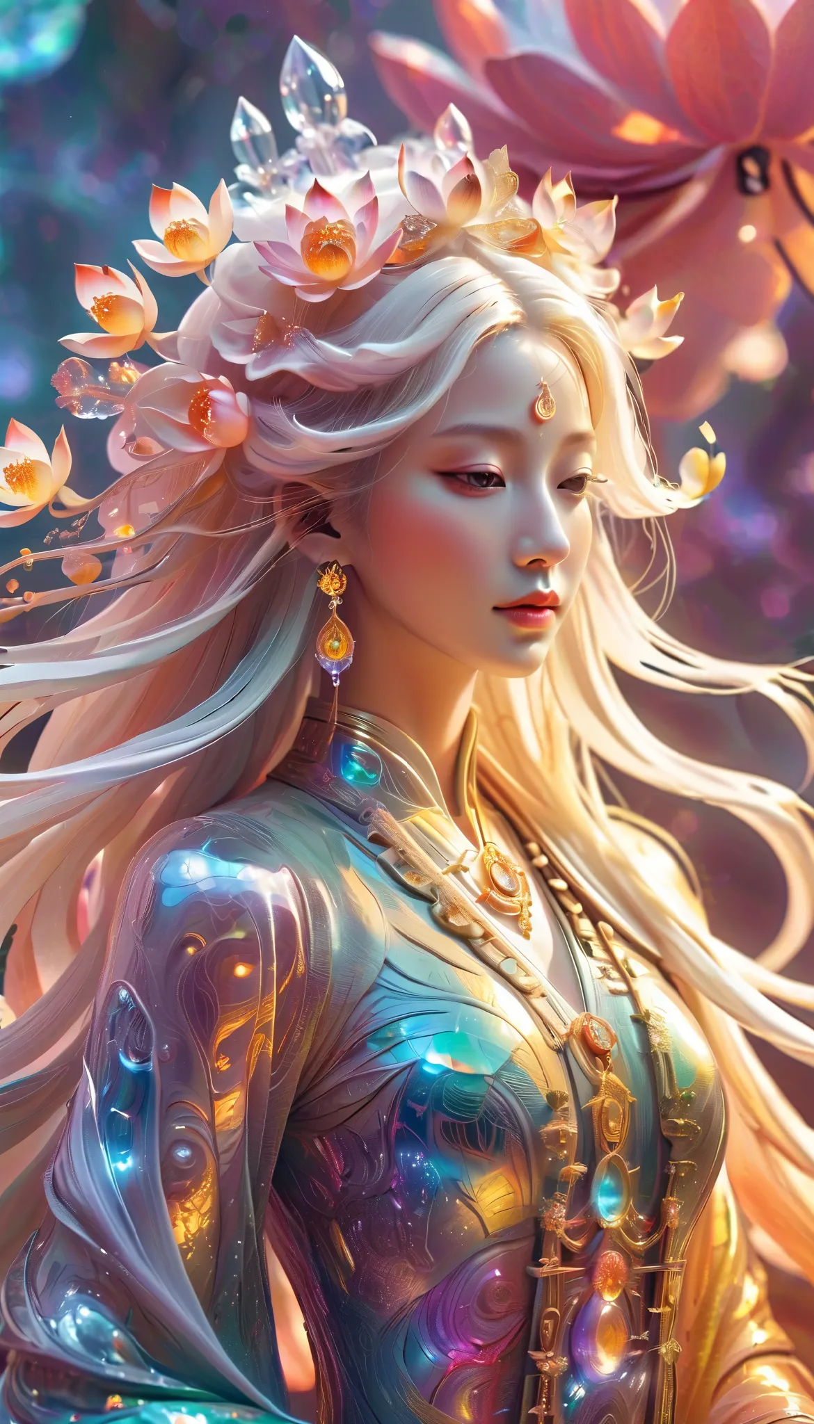 Close-up of beautiful guan yin, fractal，glowing，1girl，bling bling, veela, very fine luminous quantum dots, extraterrestrial,lotus flowers