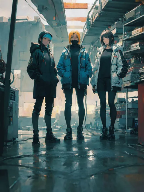 4 women standing in a row, Cyberpunk 8K 3D, TV Screenshot, 5th series, , Anthropomorphic Machines, Standing in the Wilderness, Wales,  PROMOTION SHOT 