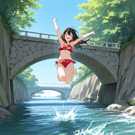 Several ren jumping into the river from a bridge, having fun, summer vacation,swim ware,