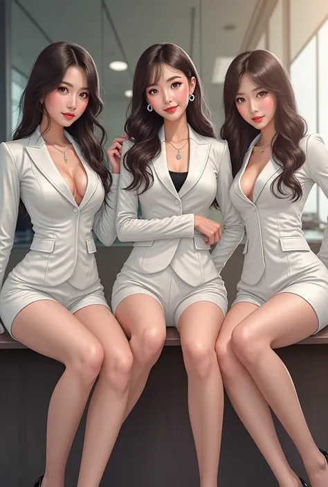 is a group of 4 members「GIRL CRUSH」 create a  (Teri , Zia, Bomi, Jonah). They are all Korean and、a group of women sitting next to each other, By Yang J, realism, smooth white tight clothes suit, in the office, publicity cosplay, silver, 64x64, silk stockin...