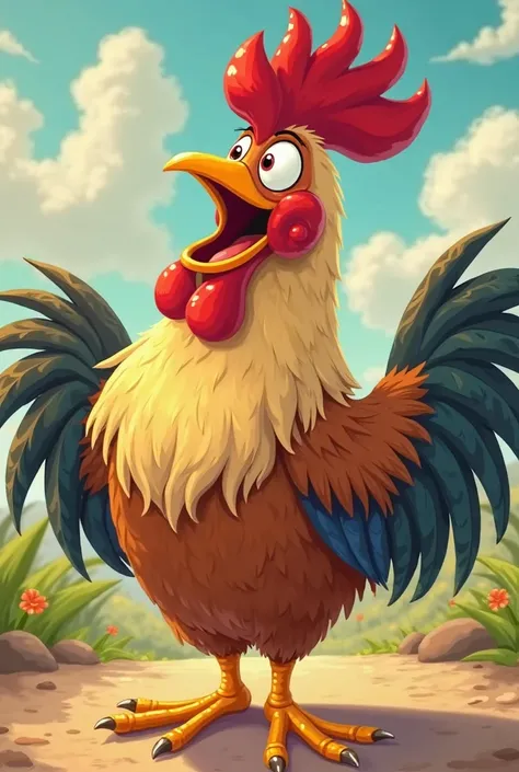 Cartoon rooster, sticking out its big wings and singing louder than ever: “Quiquiriqui !”