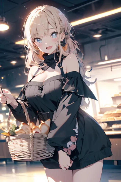 (from below:1.1),(perky chest:1.2), (pointed chest:1.2),(((Black Tunic:1.3))),(((breadcakes in the qute basket),Cute and beautiful, a 17yo girl, long hair, seductive cleavage:1.3, blonde hair, looking at viewer, ( off-shoulder dress, sweater dress), have a...