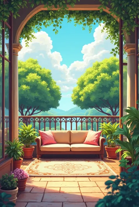 Beautiful large cartoon balcony with sofa and view of the tree garden , there is no one on the balcony 