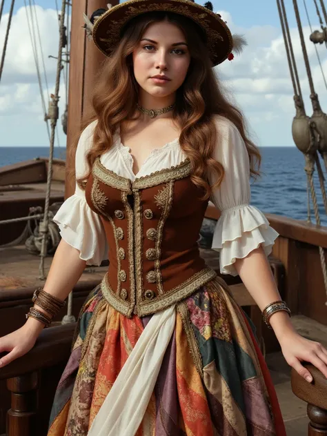 This is a highly detailed digital illustration featuring a young woman standing on the deck of a wooden ship. She has long, wavy brown hair cascading over her shoulders and is adorned with a wide-brimmed hat decorated with feathers and flowers, which adds ...