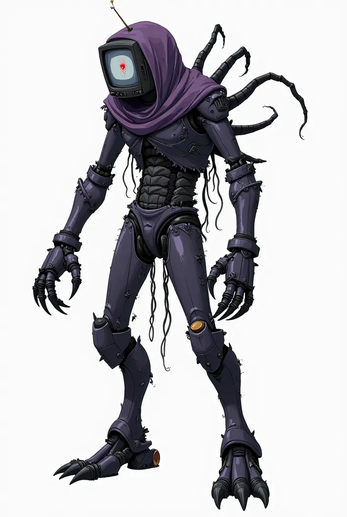  Tall, thin humanoid robot in a simple black suit with an untied black tie  ,Purple hood,completely ripped suit  ,robotic details,  almost small television head with a traced red eye and a black pupil on the black screen of the television head,  sharp claw...