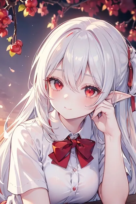 ((masterpiece, best quality, high resolution, UHD, pixel perfect, depth of field, 4k, RTX, HDR)), 1girl,elf,single, solo, 1, beautiful anime girl, beautiful art style, anime character, ((very long hair, white hair,)), ( dark red eyes:1.4, round eyes, beaut...