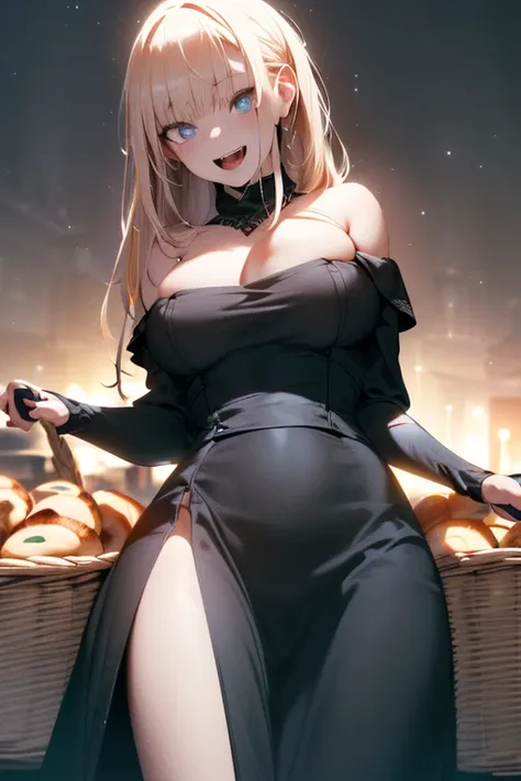 (from below:1.1),(perky chest:1.2), (pointed chest:1.2),(((Black Tunic:1.3))),(((breadcakes in the qute basket),Cute and beautiful, a 17yo girl, long hair, seductive cleavage:1.3, blonde hair, looking at viewer, ( off-shoulder dress, sweater dress), have a...