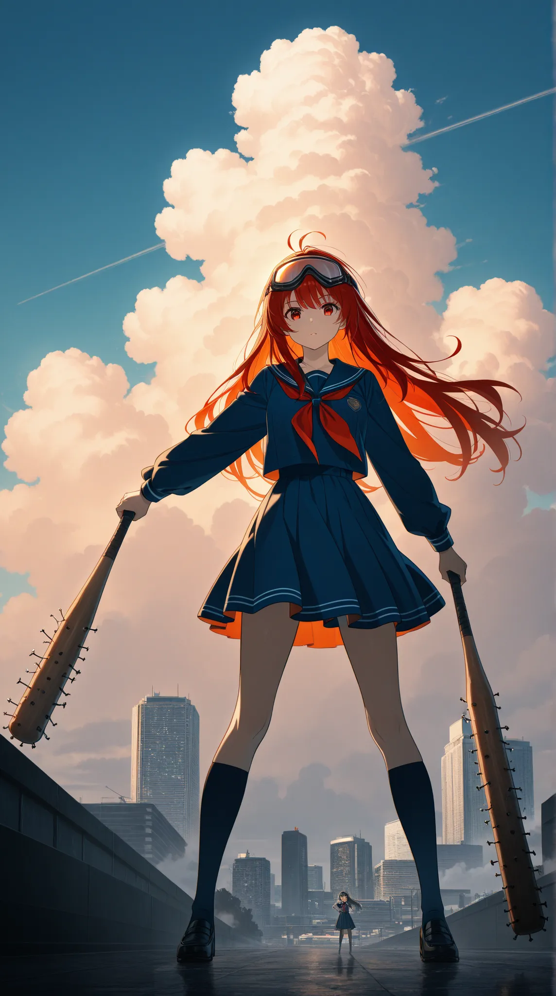 A high resolution photograph of girl in sailor uniform with long hair.goggles on head,
She stands with spread legs apart on the tokyo. She looks at the viewer that focusing her face, In the background is the beacon tokyo towers and building, The strong win...